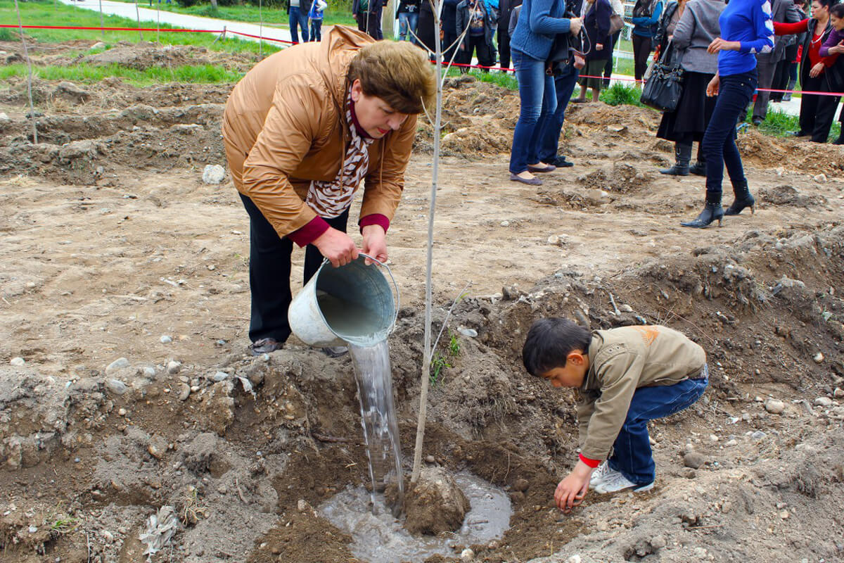 The wife of a missing person and her grandson water a tree planted in memory of their missing husband and great-grandfather. (Icrc/H.Galstyan)