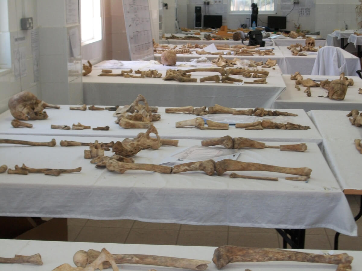 Kayıp Şahıslar Komitesi’nin antropoloji laboratuvarında kemikler inceleniyor. (AP/Petros Karadjias)